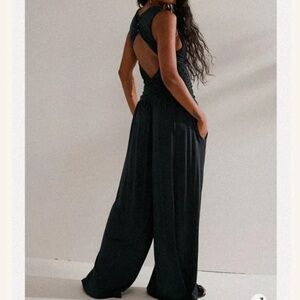 Free People FP Beach Kit Open-Back One-Piece Jumpsuit in Black Size Large